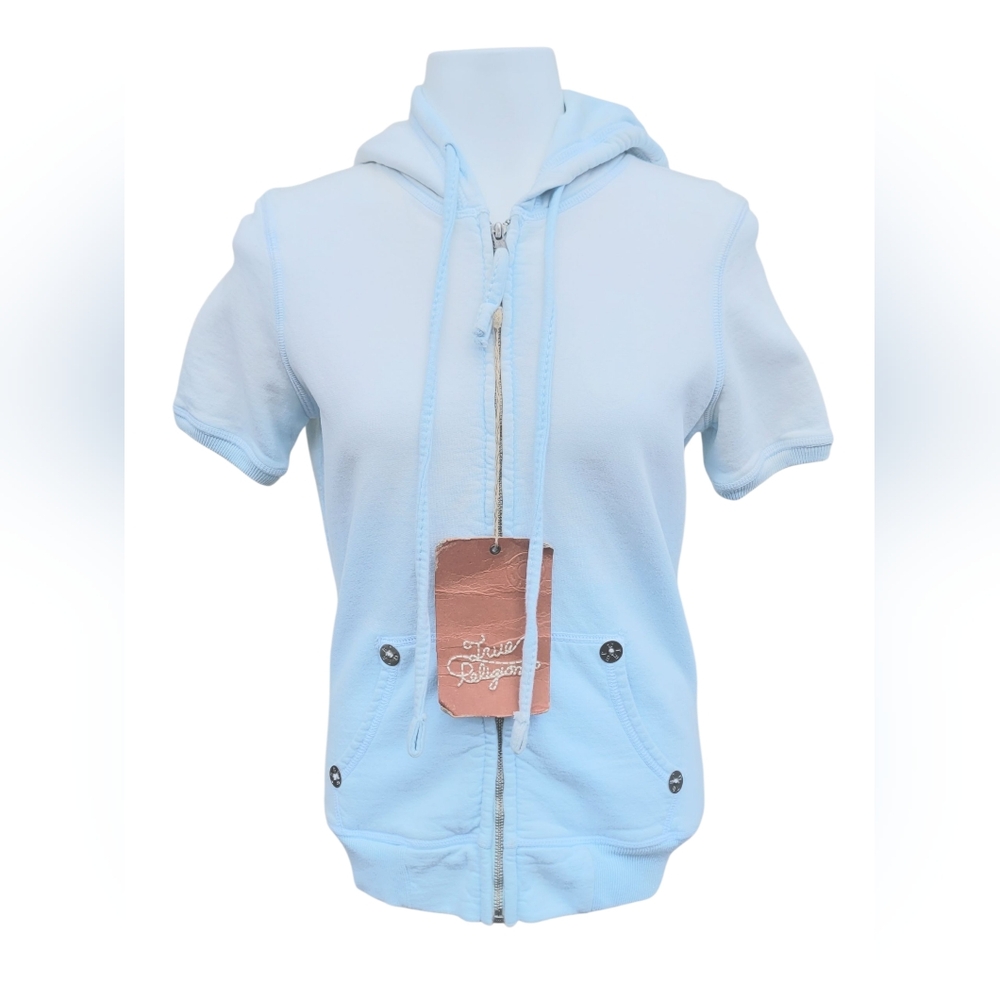 NWT True Religion Short Sleeve Hoodie White/Blue Ombré Size XS